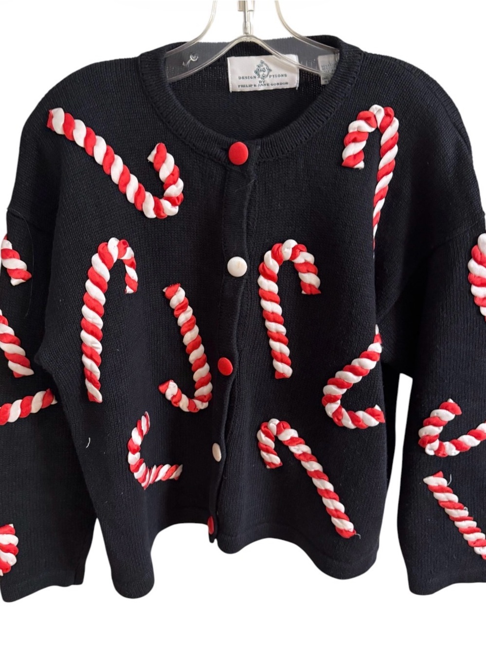 Design Options Black Cardigan Sweater Candy Cane Appliqué, Large, Vintage